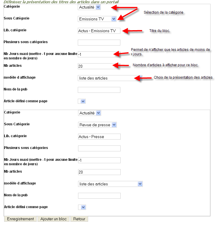 bloc de création de liste d'articles